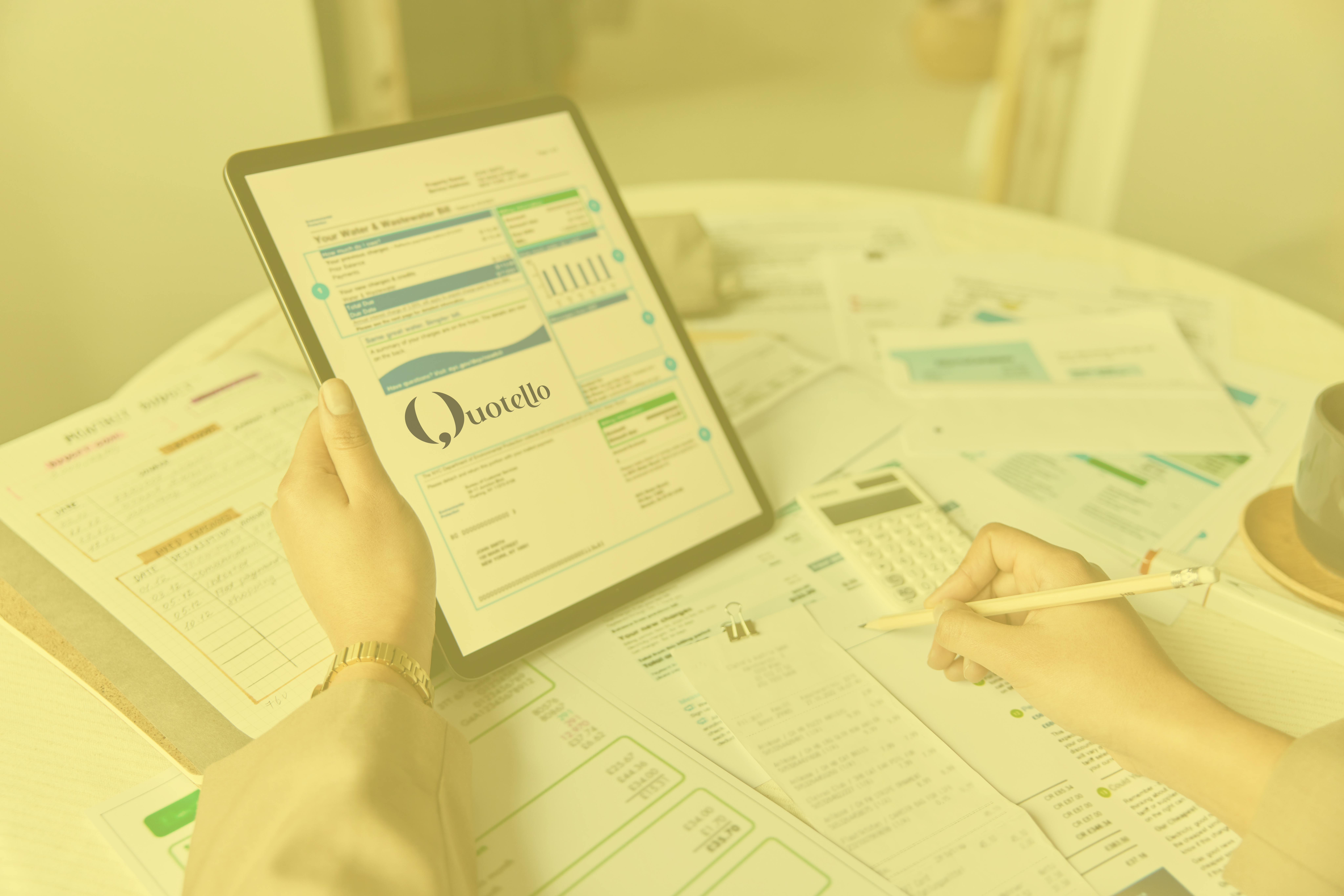 Cropped view of unrecognizable woman makes online economical report manages monthly budget studies financial papers makes notes plans investment uses tablet app does accounting financial paperwork.